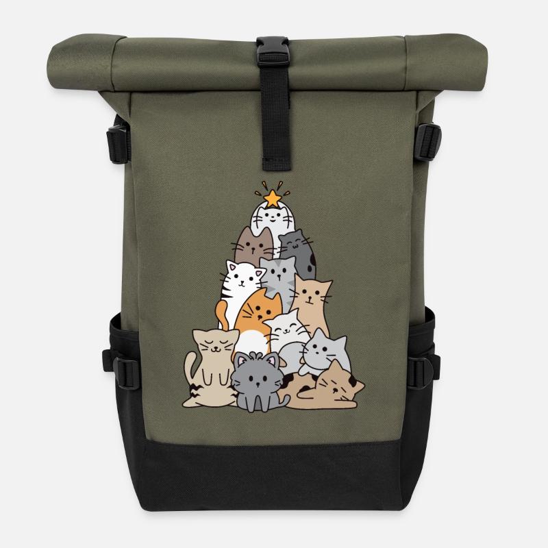 Katze Weihnachtsbaum - Rolltop Rucksack - Olive/Schwarz