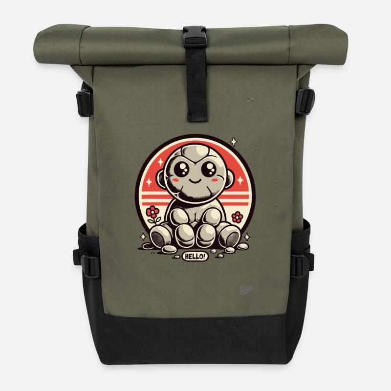 Hello! Cute Stone Monkey - Roll Top Backpack - olive/black
