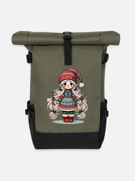 Weihnachten Gnom Frau Festliches Wichtel Mädchen - Rolltop Rucksack - Olive/Schwarz