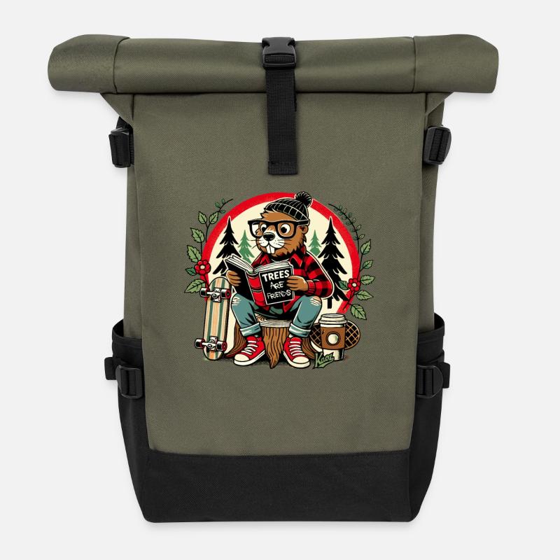Skateboard-Biber liest Buch: "Bäume sind Freunde" - Rolltop Rucksack - Olive/Schwarz