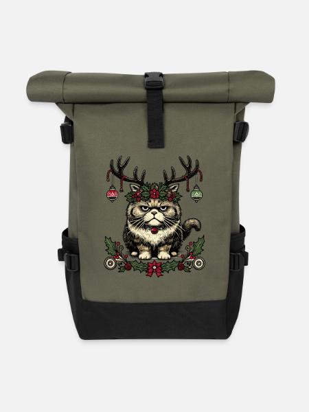 Weihnachtliche Katze Mit Geweih - Rolltop Rucksack - Olive/Schwarz