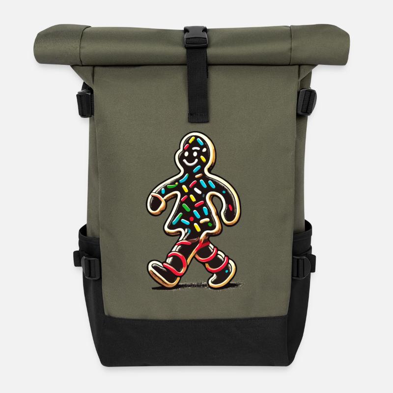 Fröhlicher Lebkuchenmann Mit Streuseln - Rolltop Rucksack - Olive/Schwarz