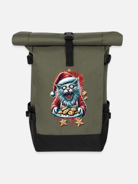 Verrückte Katze Weihnachten Plätzchen Chaos - Rolltop Rucksack - Olive/Schwarz