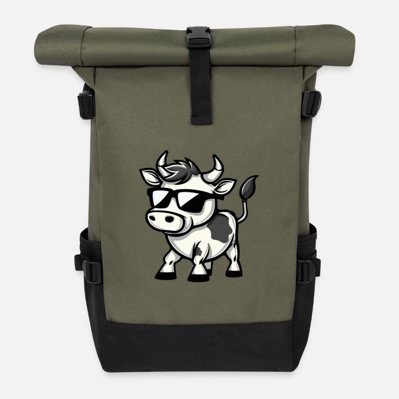 Cow Comic Cool - Roll Top Backpack - olive/black