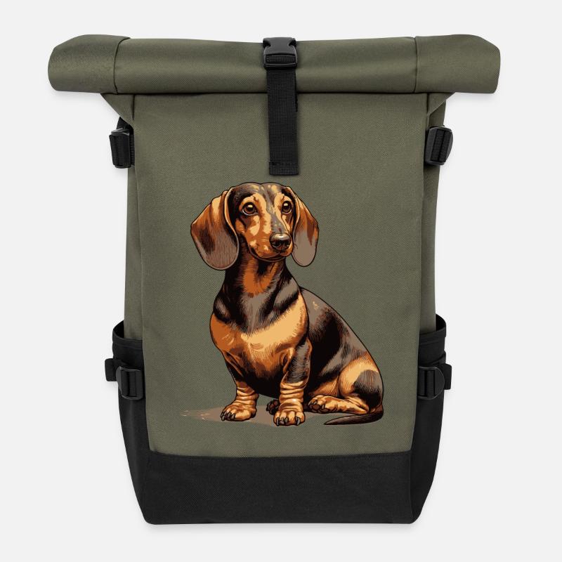 Sitting Dachshund - Roll Top Backpack - olive/black