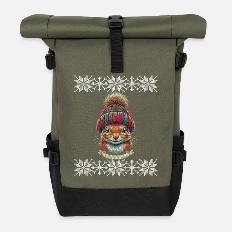 Winterliches Eichhörnchen Mit Mütze - Rolltop Rucksack - Olive/Schwarz