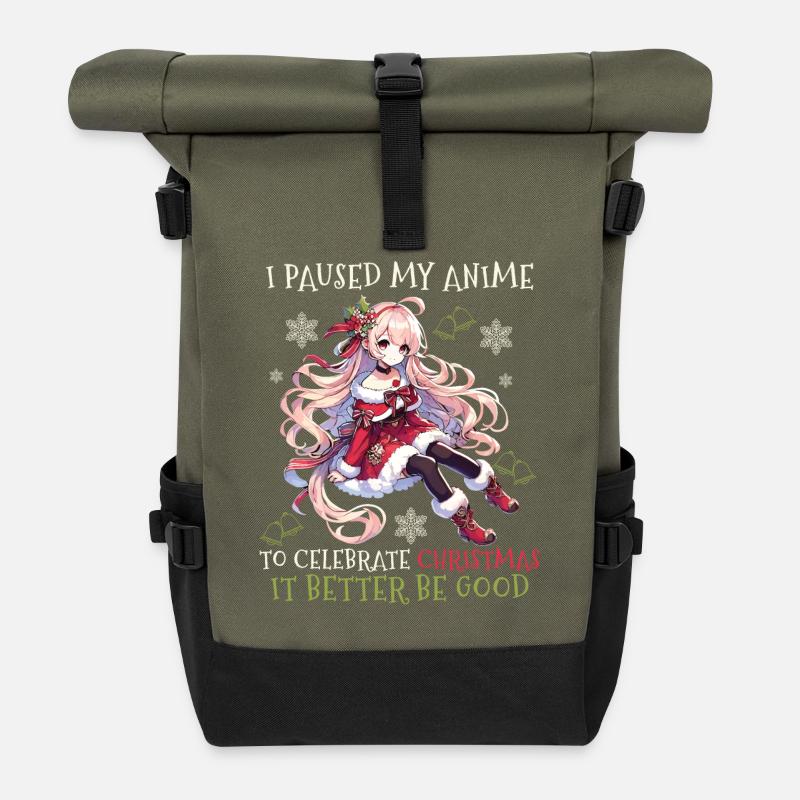 I'm pausing my anime for Christmas - Roll Top Backpack - olive/black