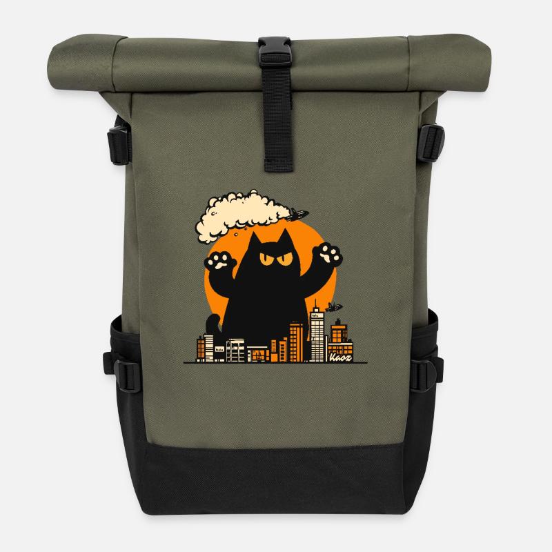 Angriff der Monster Katze - Rolltop Rucksack - Olive/Schwarz