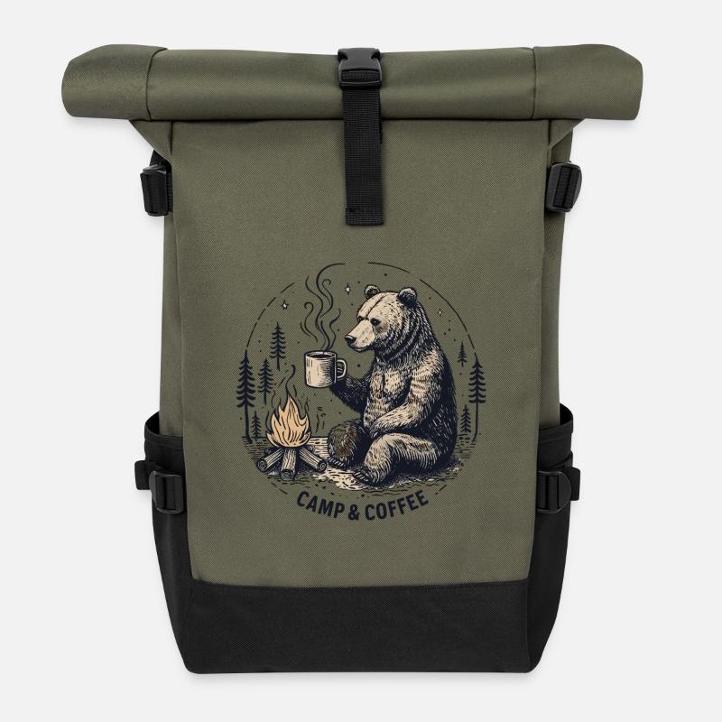Camping Camper Kaffee Lagerfeuer Bär Campingplatz - Rolltop Rucksack - Olive/Schwarz