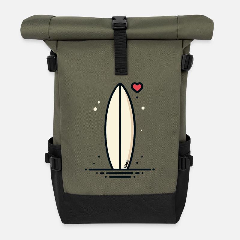 Retro Surfbrett mit Herz - Rolltop Rucksack - Olive/Schwarz