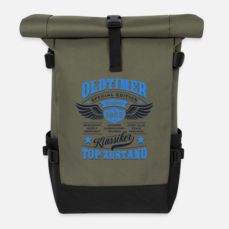 Oldtimer Baujahr 1965 - Geburtstag - Geschenk - Rolltop Rucksack - Olive/Schwarz