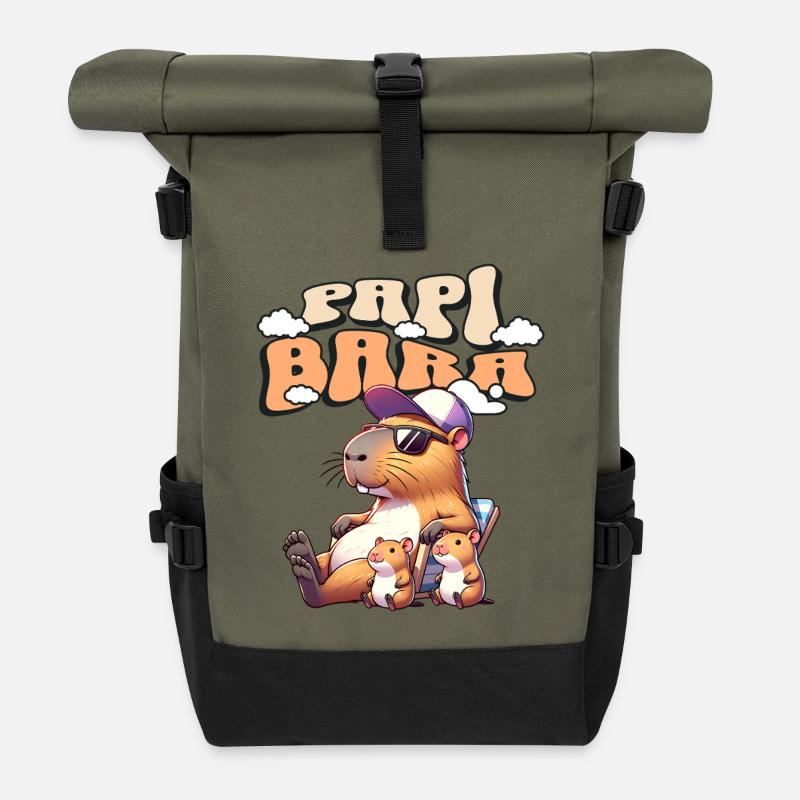 Papibara Capybara Vater Papa - Rolltop Rucksack - Olive/Schwarz