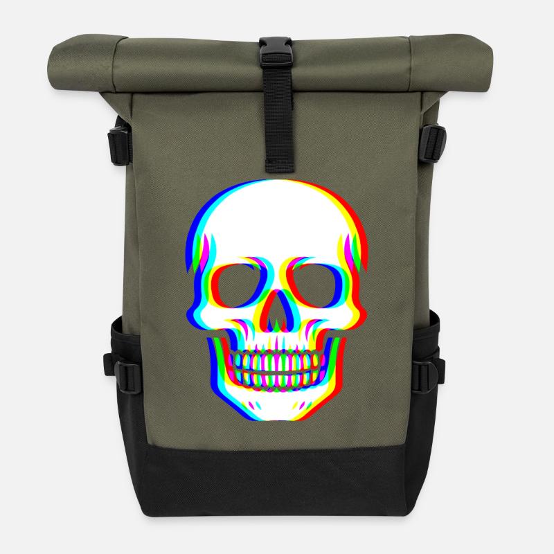 Glitch Schädel - Cyber Kunst - Rolltop Rucksack - Olive/Schwarz