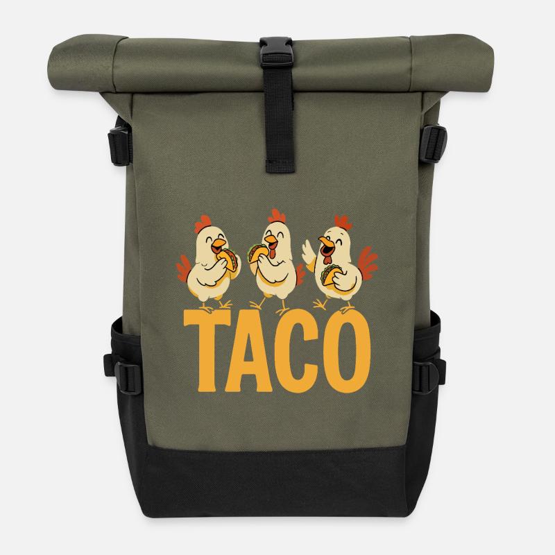 Three Sweet Chicken Eating Taco - Roll Top Backpack - olive/black