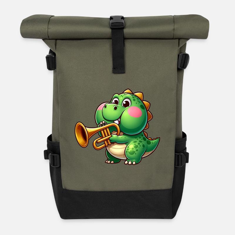 Dicker Trex mit Trompete Cartoon Dinosaurier Musik - Rolltop Rucksack - Olive/Schwarz