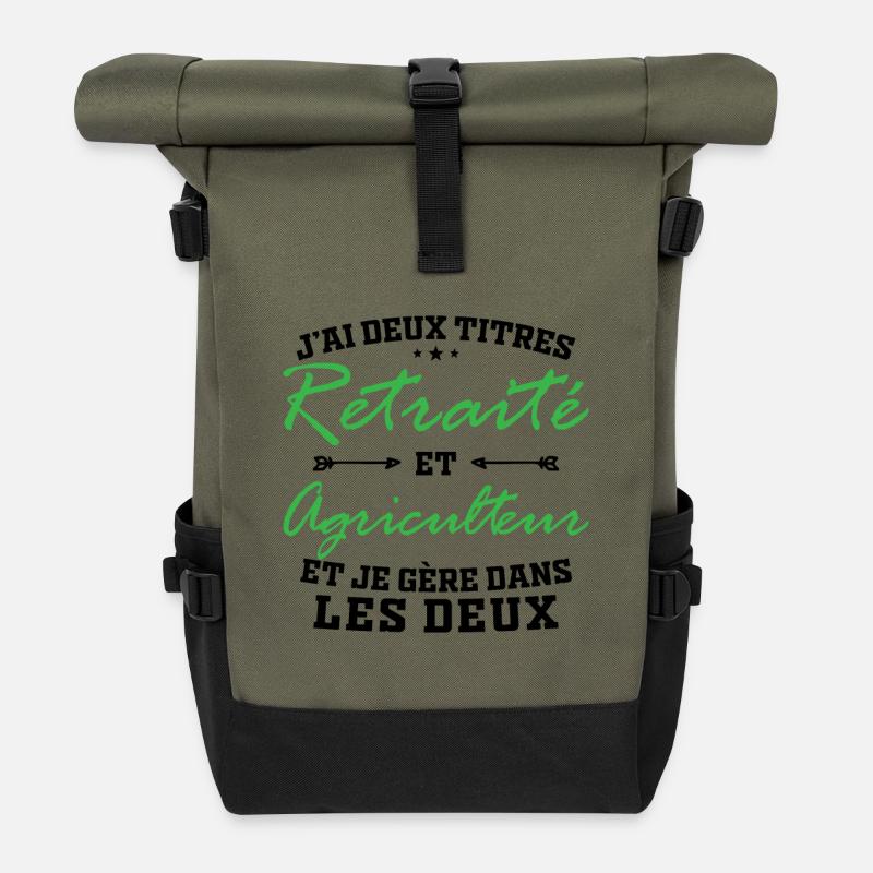 Zwei Titel: Retired und Farmer Man Gift - Rolltop Rucksack - Olive/Schwarz