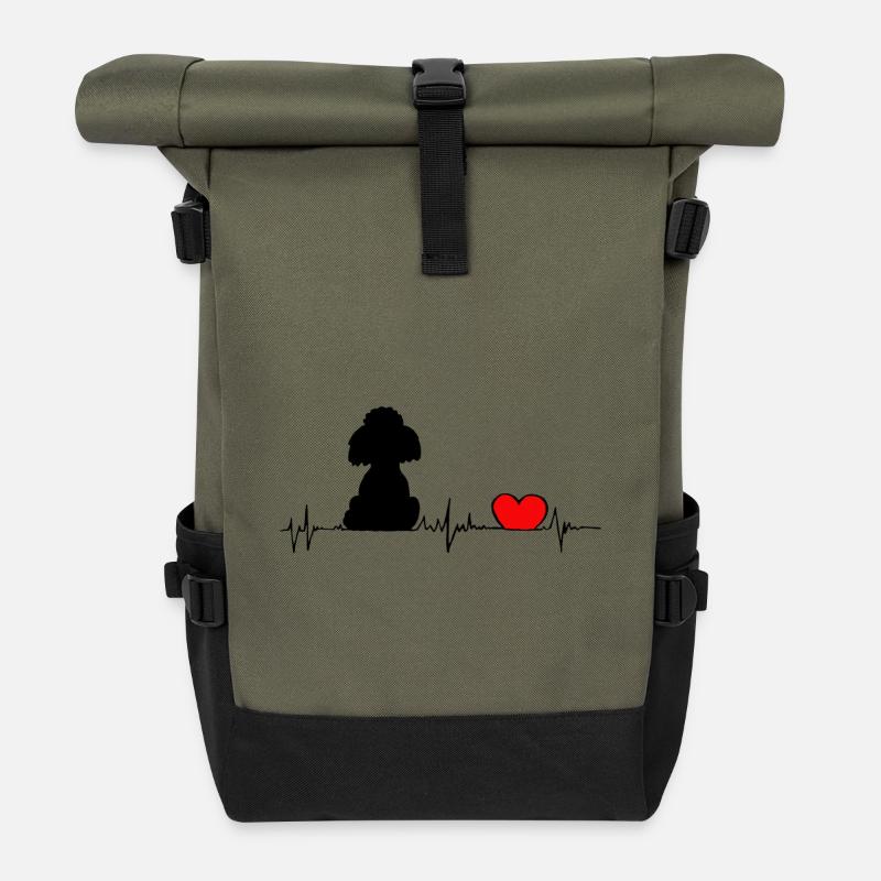 Pudel Herz Frequenz - heartbeat schwarzer Pudel - Rolltop Rucksack - Olive/Schwarz