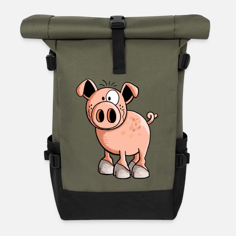 Rosa Ferkel - Schwein - Sau - Schweinchen - Comic - Rolltop Rucksack - Olive/Schwarz