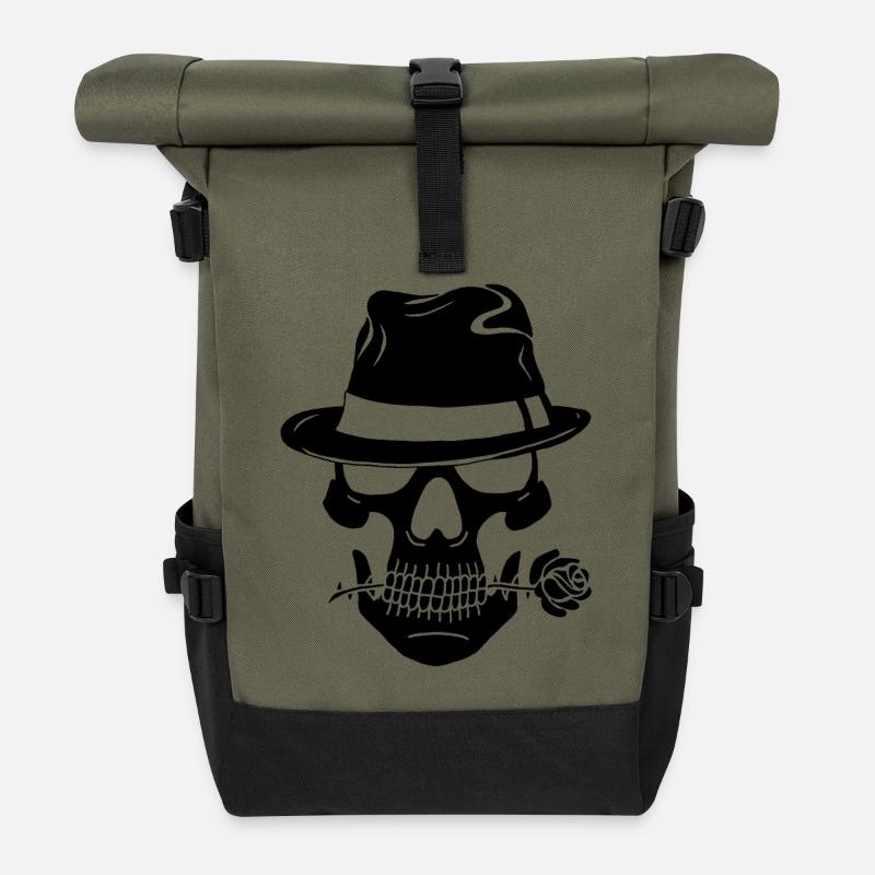 Schwarzer Gangsterschädel - Rolltop Rucksack - Olive/Schwarz