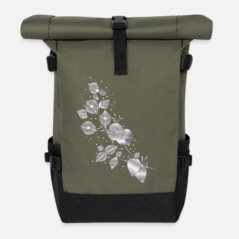 edle Blätterranke in Metallic Silber Optik - Rolltop Rucksack - Olive/Schwarz
