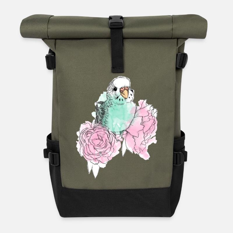 Budgerigars and peonies - Roll Top Backpack - olive/black
