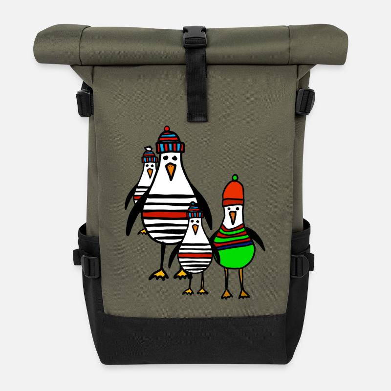 Streifige Pinguine im Winter - Rolltop Rucksack - Olive/Schwarz