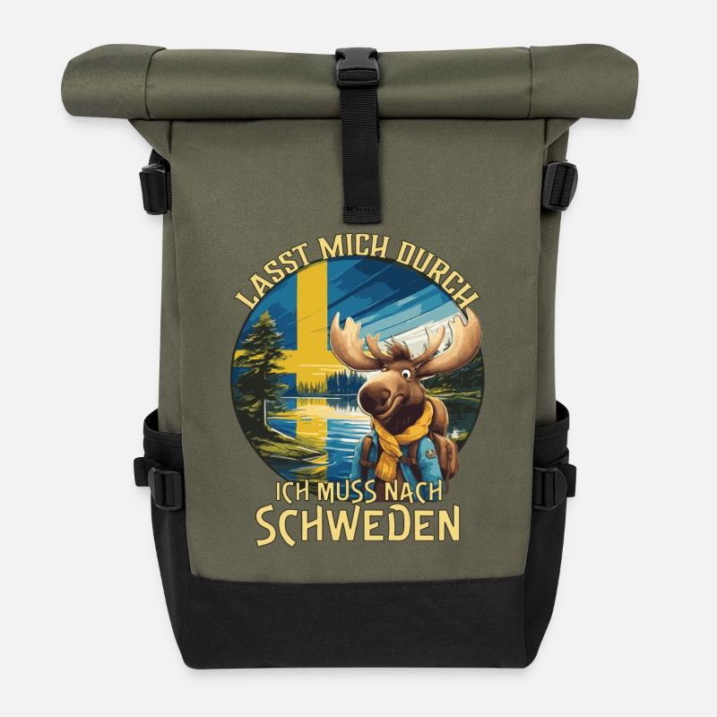 Schweden - lasst mich durch - Elch - Rolltop Rucksack - Olive/Schwarz