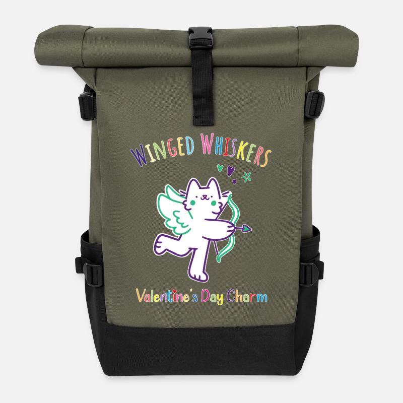 Winged Whiskers-Valentine s Day Charm - Roll Top Backpack - olive/black