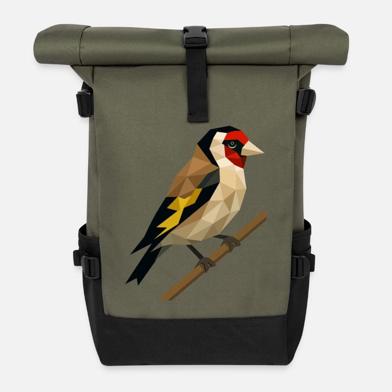 Polygonaler Distelfink – Geometrische Eleganz - Rolltop Rucksack - Olive/Schwarz
