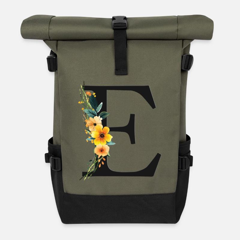 P Monogramm, Floral, personalisierbar - Rolltop Rucksack - Olive/Schwarz