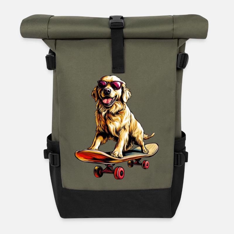 Skateboard Golden Retriever - Rolltop Rucksack - Olive/Schwarz
