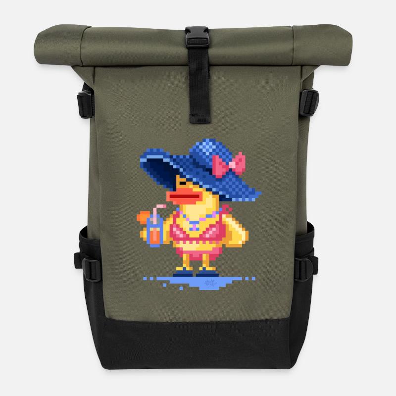 Pixel art Duck on the Beach in a swimsuit  - Roll Top Backpack - olive/black