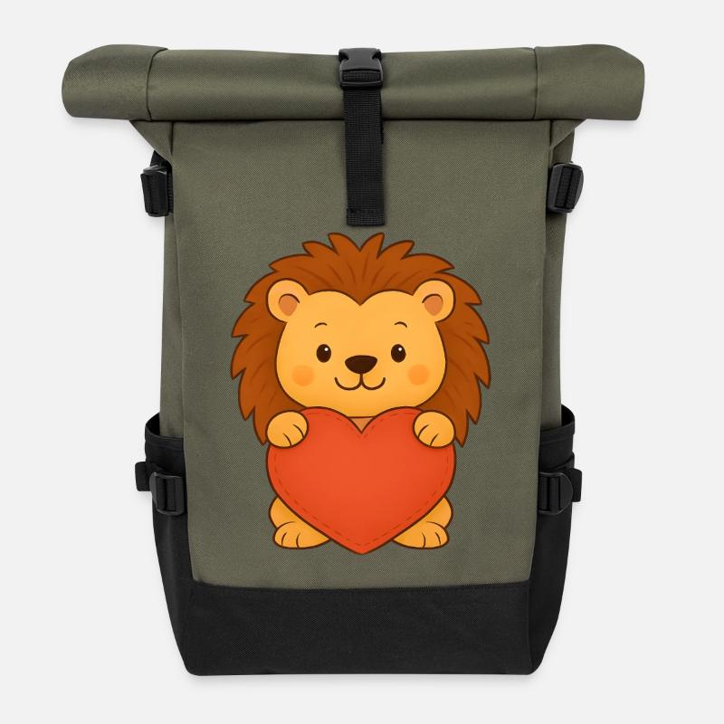 Lion avec cœur - Sac à dos roll top - olive/noir