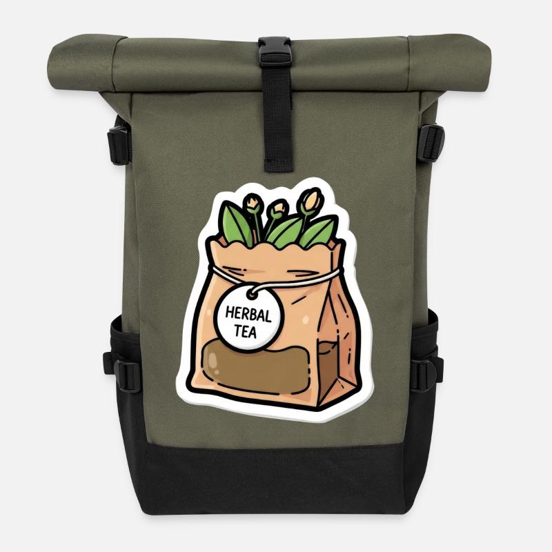 Herbal Tea Bag Plant Scene - Roll Top Backpack - olive/black