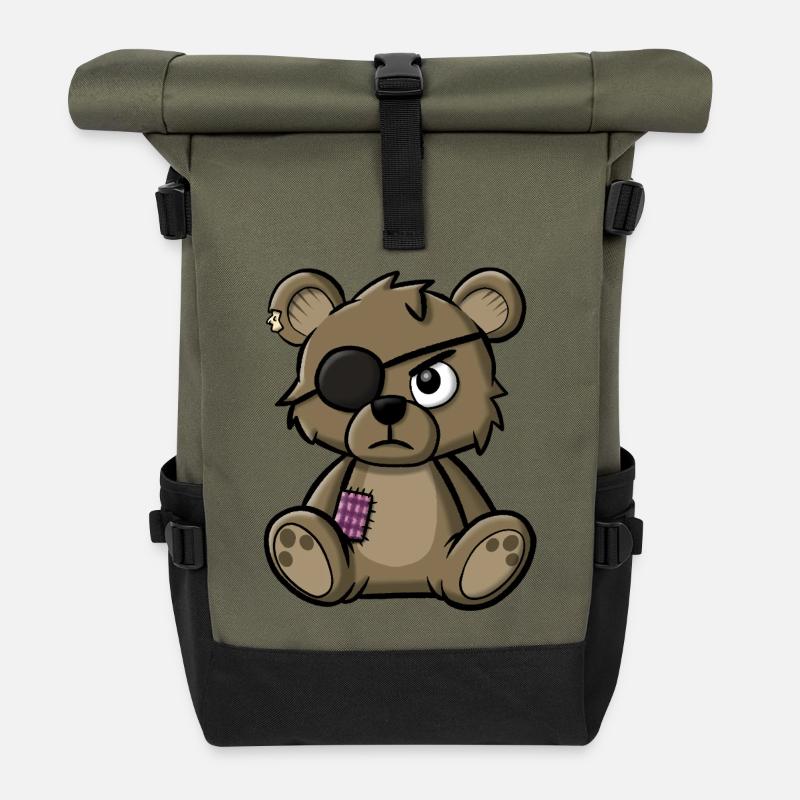 Teddybär mit Augenklappe - Rolltop Rucksack - Olive/Schwarz