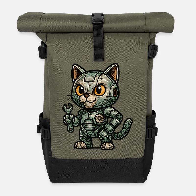 Retro RoboCat with Tools - Roll Top Backpack - olive/black