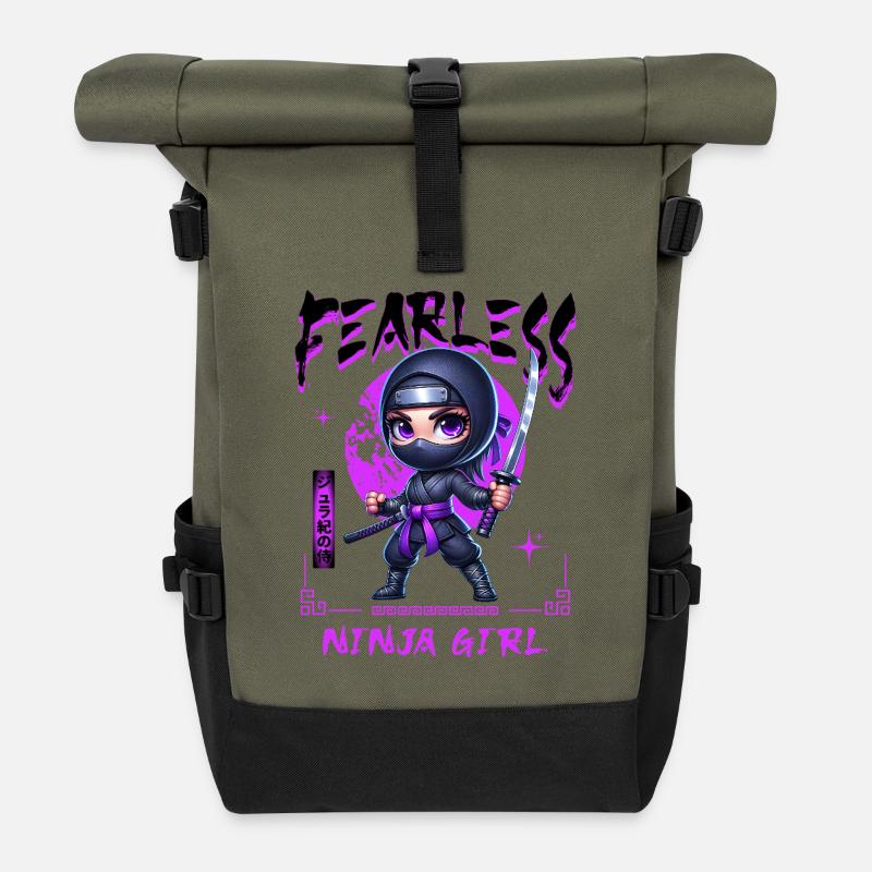 Ninja Mädchen Chibi mit Katana - Rolltop Rucksack - Olive/Schwarz