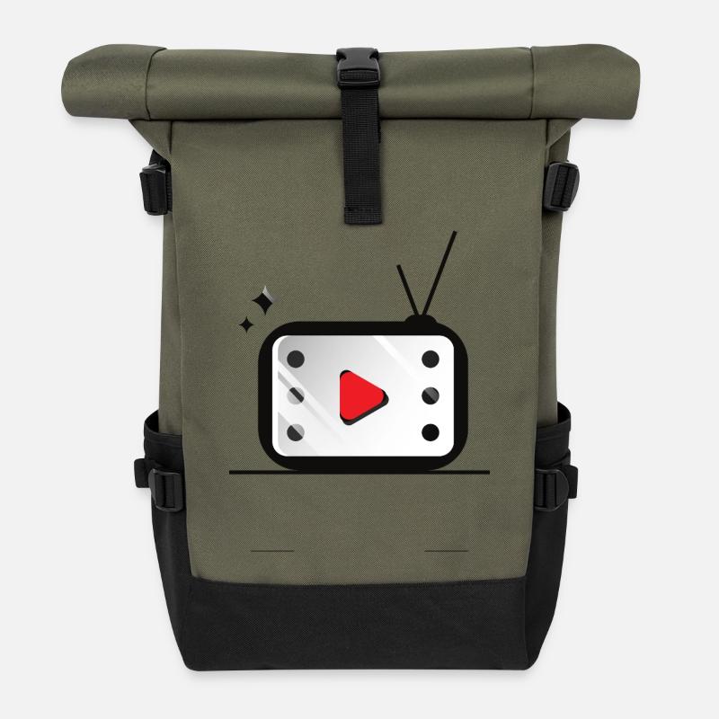 Retro TV Play Button Pattern - Roll Top Backpack - olive/black