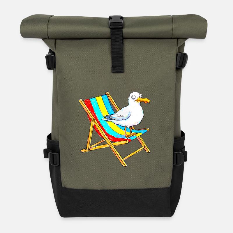 Seagull on colorful beach chair - Roll Top Backpack - olive/black