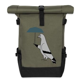 Pigeon with Umbrella – Urban Minimal Illustration - Rolltop Rucksack - Olive/Schwarz - Vorne