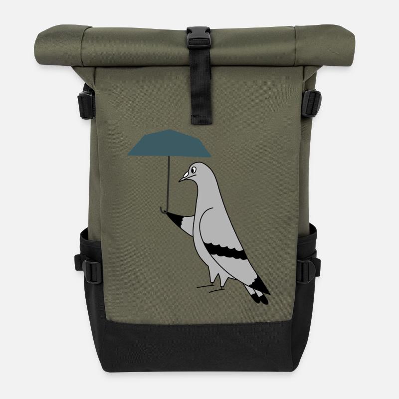 Pigeon with Umbrella – Urban Minimal Illustration - Rolltop Rucksack - Olive/Schwarz