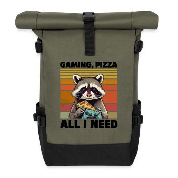 Funny Raccoon Gaming Pizza Gamer Gamer Gaming - Roll Top Backpack - olive/black - Front