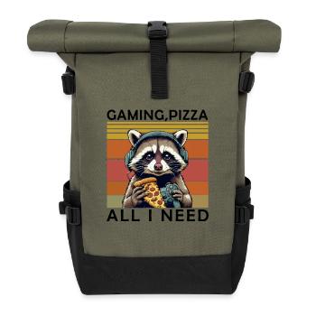 Funny Raccoon Gaming Pizza Gamer Gamer Gaming - Roll Top Backpack - olive/black - Front