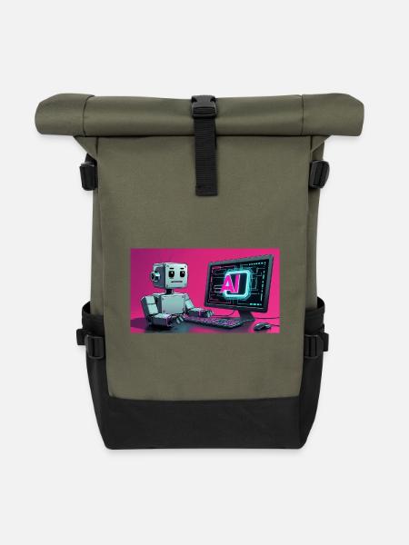 Futuristischer KI-Roboter und Tech-Bildschirm - Rolltop Rucksack - Olive/Schwarz