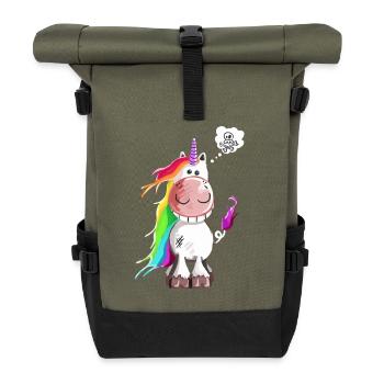Einhorn grinst sich ein ab - Rolltop Rucksack - Olive/Schwarz - Vorne