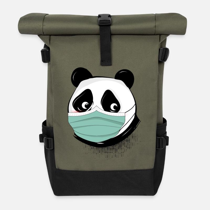 Panda Bär mit Mundschutz Maske - Rolltop Rucksack - Olive/Schwarz