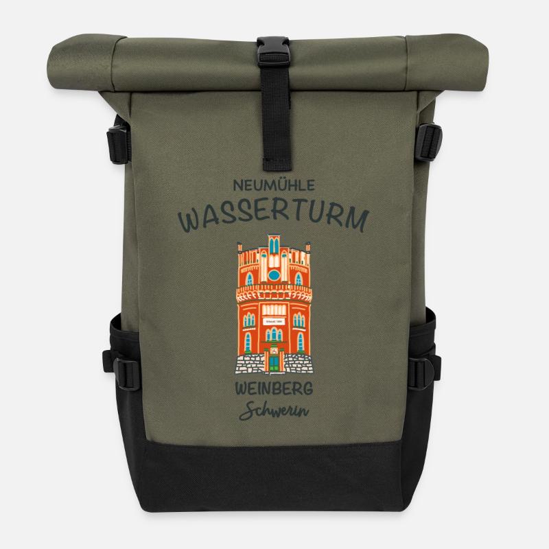 Schwerin, Wasserturm auf dem Weinberg - Rolltop Rucksack - Olive/Schwarz
