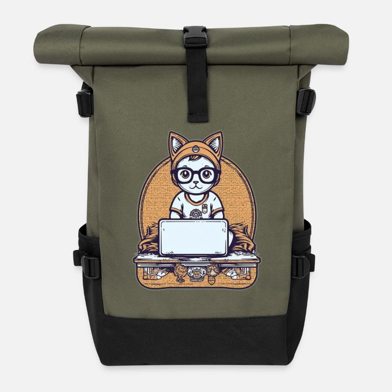 Techy Cat at Desk - Roll Top Backpack - olive/black
