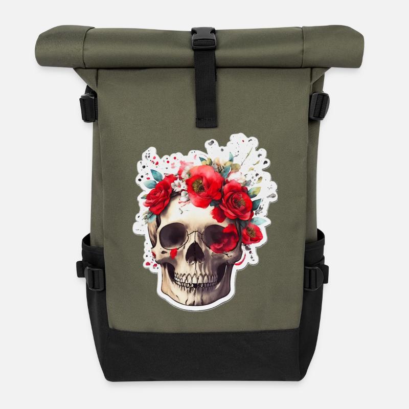 Totenkopf mit roten Blumen - Rolltop Rucksack - Olive/Schwarz