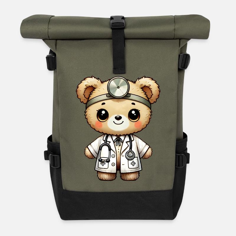 süßer Kuscheltier Teddy Arzt mit Arztkittel - Rolltop Rucksack - Olive/Schwarz